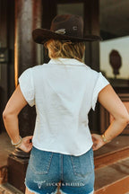 Collared Button Down Ruffle Short Sleeve Top