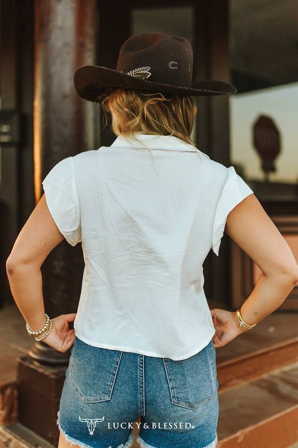 Collared Button Down Ruffle Short Sleeve Top