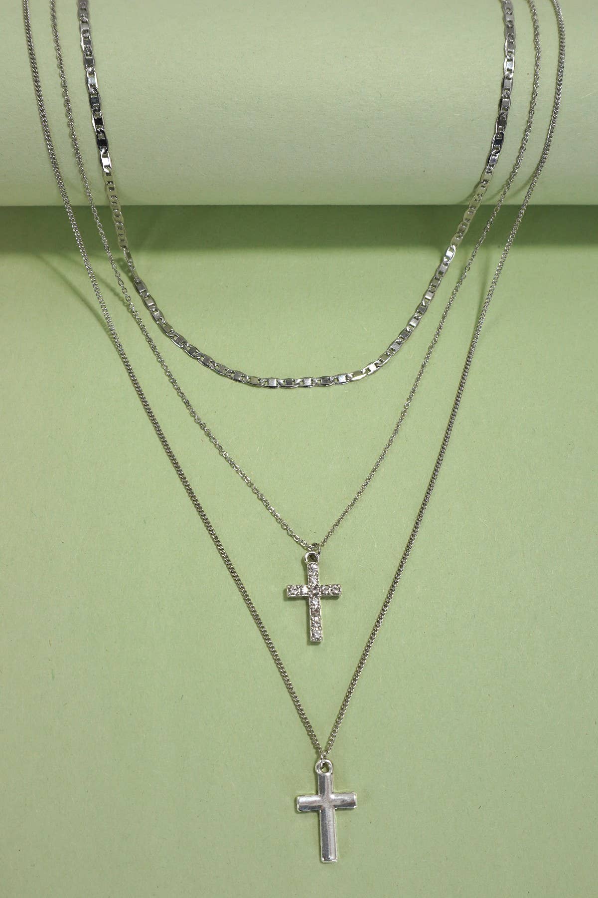MULTI LAYER DOUBLE CROSS RHINESTONE NECKLACE: Silver