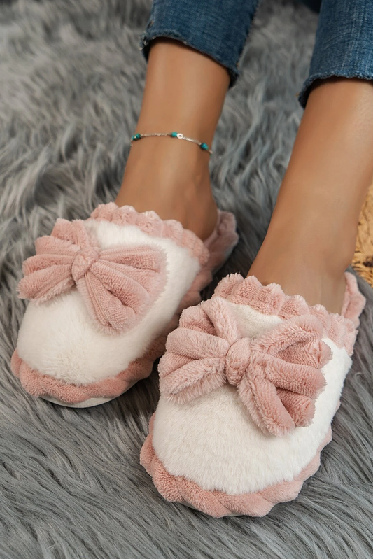 Bow Decor Color Block Plush Slippers