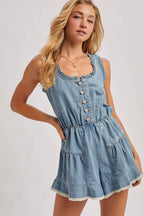BUTTON FRONT SCOOP NECK RUFFLED DENIM ROMPER