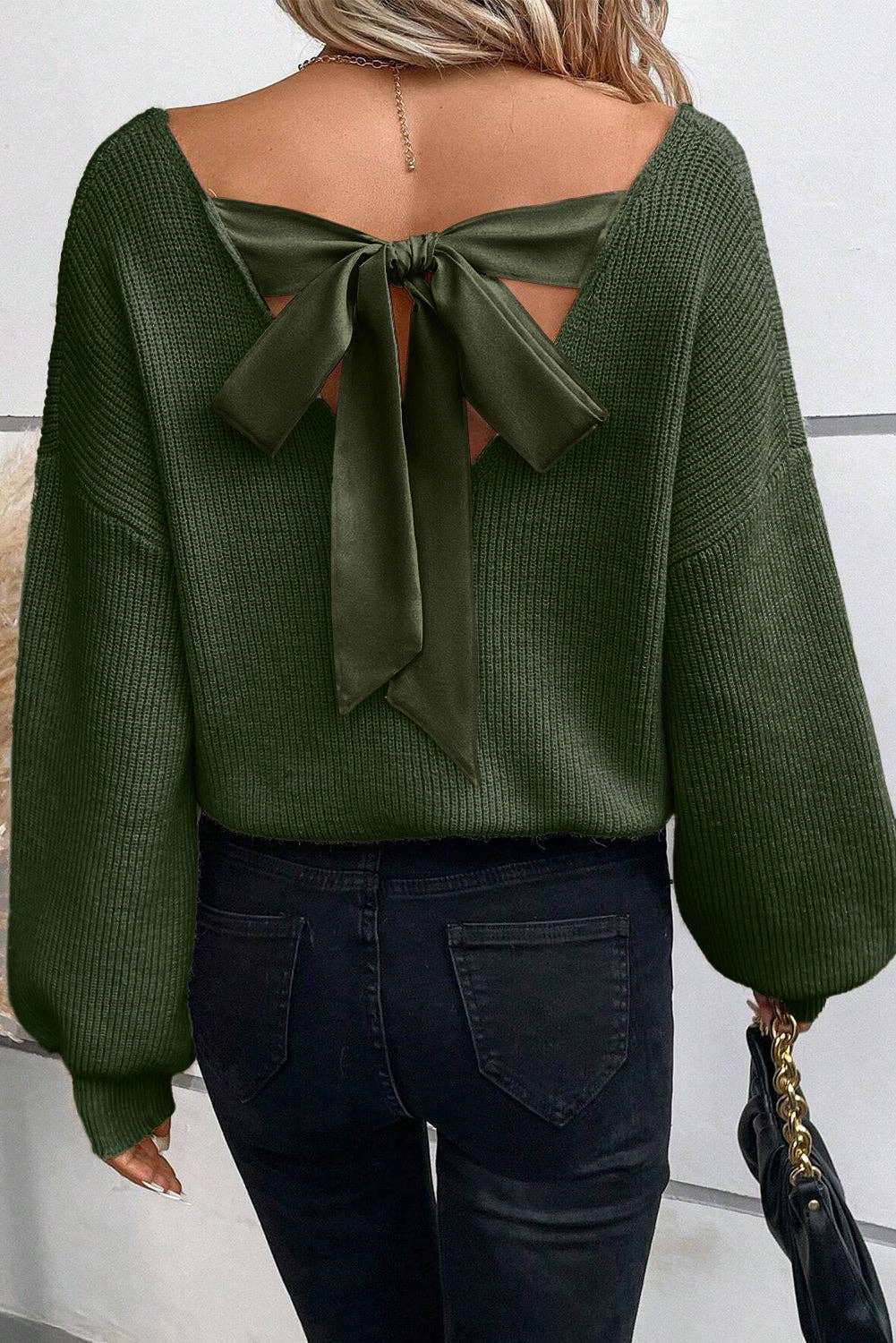 Lantern Sleeve V Neck Knot Back Sweater- Green