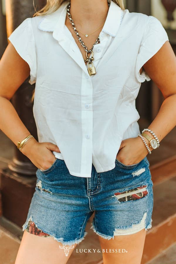 Collared Button Down Ruffle Short Sleeve Top