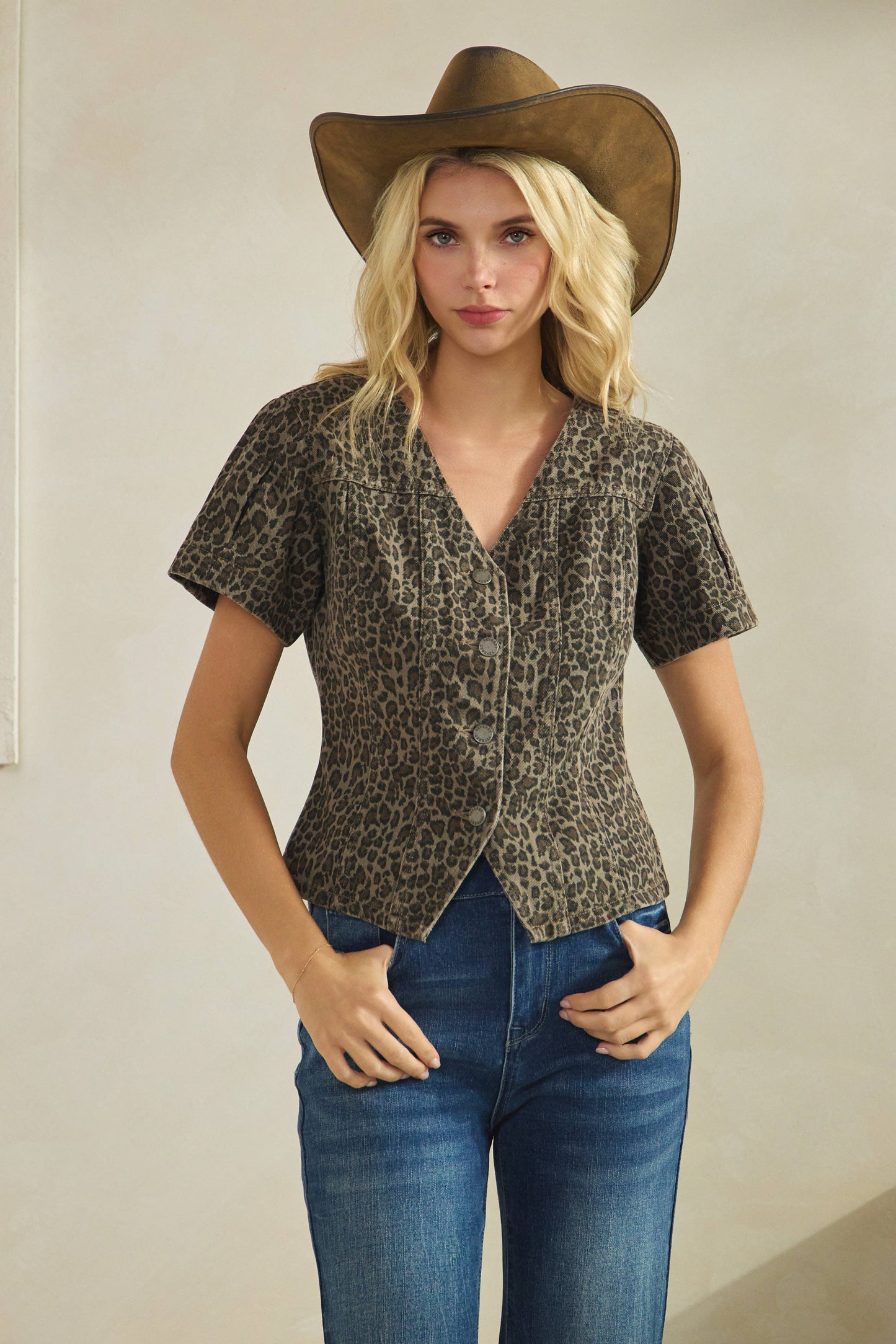Leopard short sleeve denim top : Leopard / L