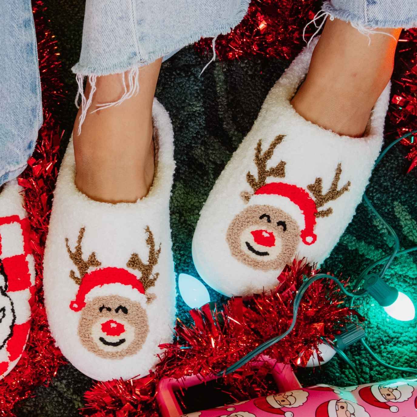 Reindeer Red Nose Christmas Slippers