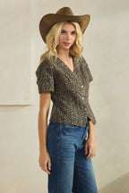 Leopard short sleeve denim top
