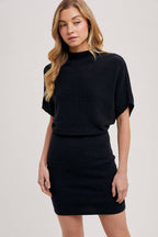 MOCK NECK DOLMAN SLEEVED KNIT SWEATER MINI DRESS