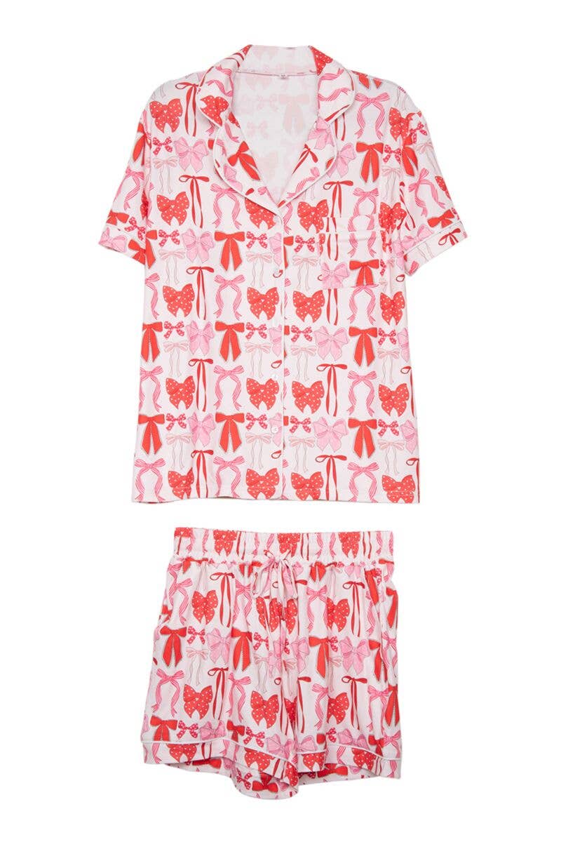 Pink & Red Coquette Bows Christmas PJ Short Set