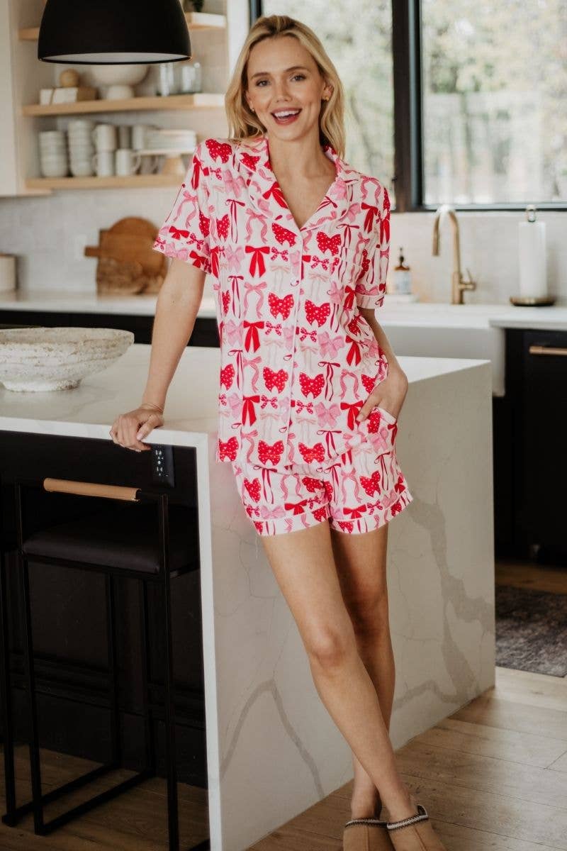 Pink & Red Coquette Bows Christmas PJ Short Set