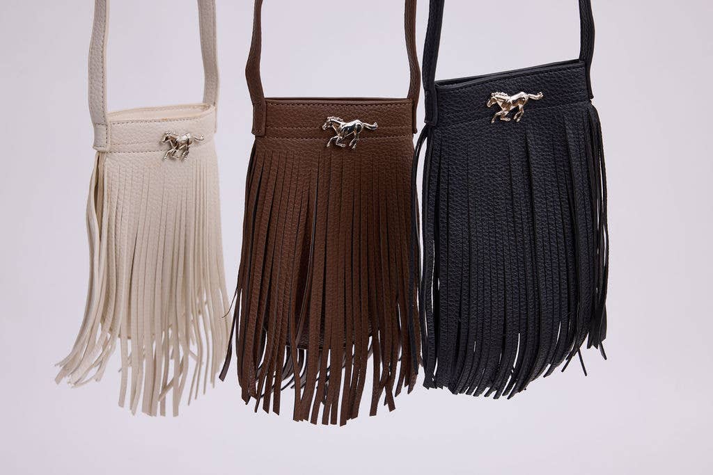 Vegan Leather Fringe with Horse bag- Black