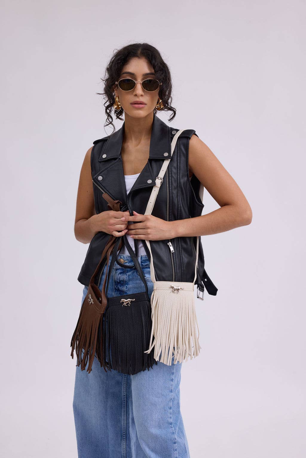 Vegan Leather Fringe with Horse bag- Black
