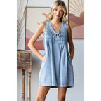 V-neck Puff Sleeve Denim Dress