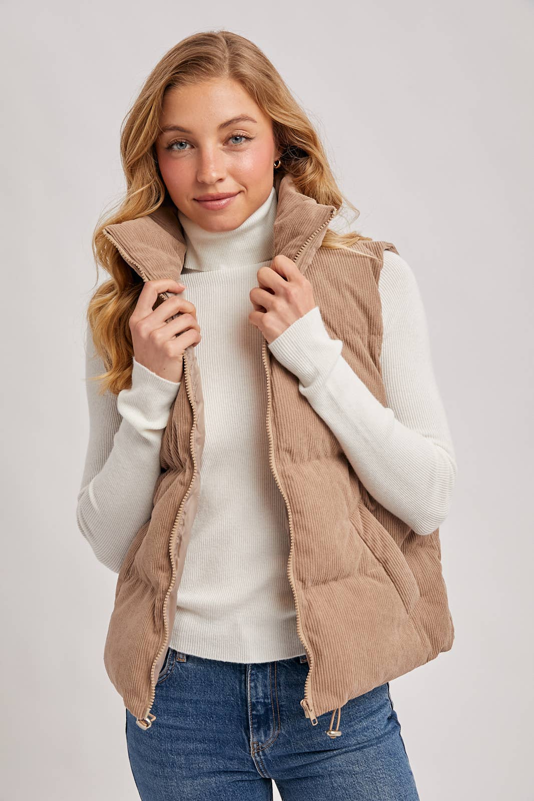 CORDUROY PUFFER VEST ZIPPER FRONT