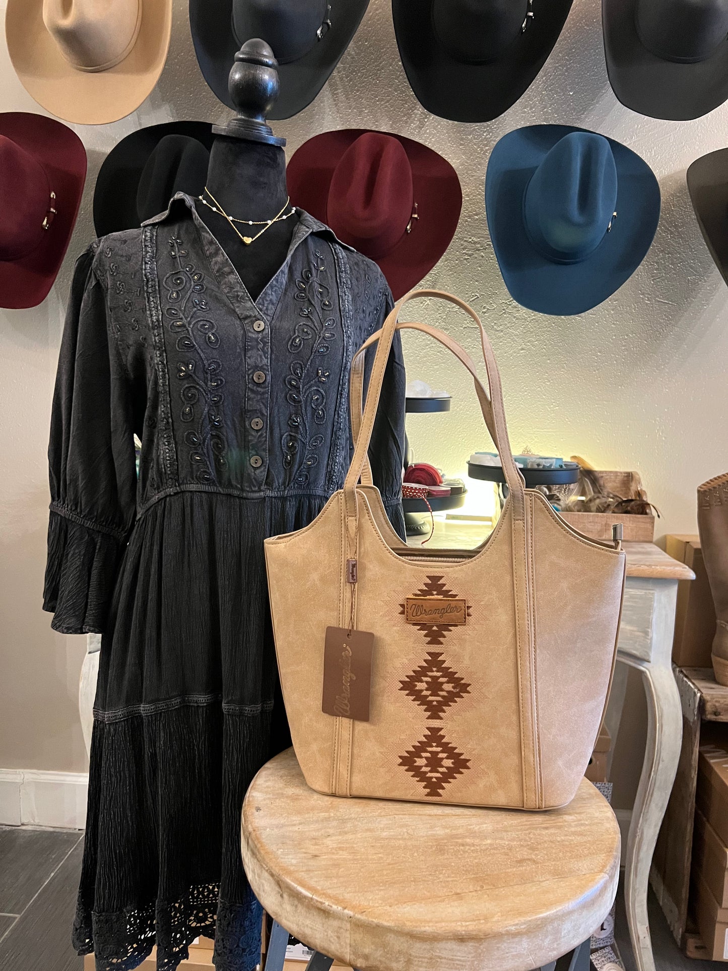 Wrangler Aztec Embroidered Shoulder Bag- Tan