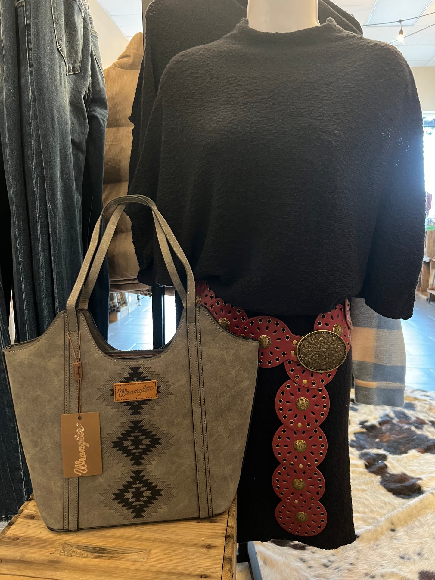 Wrangler Aztec Embroidered Shoulder Bag- Black/Grey