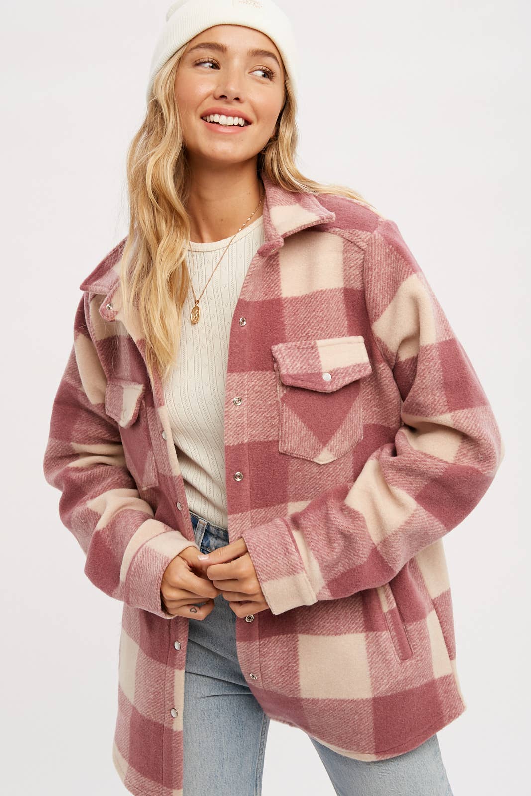 CHECKERED BRUSHED FLANNEL SHACKET- Mauve