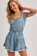 BUTTON FRONT SCOOP NECK RUFFLED DENIM ROMPER