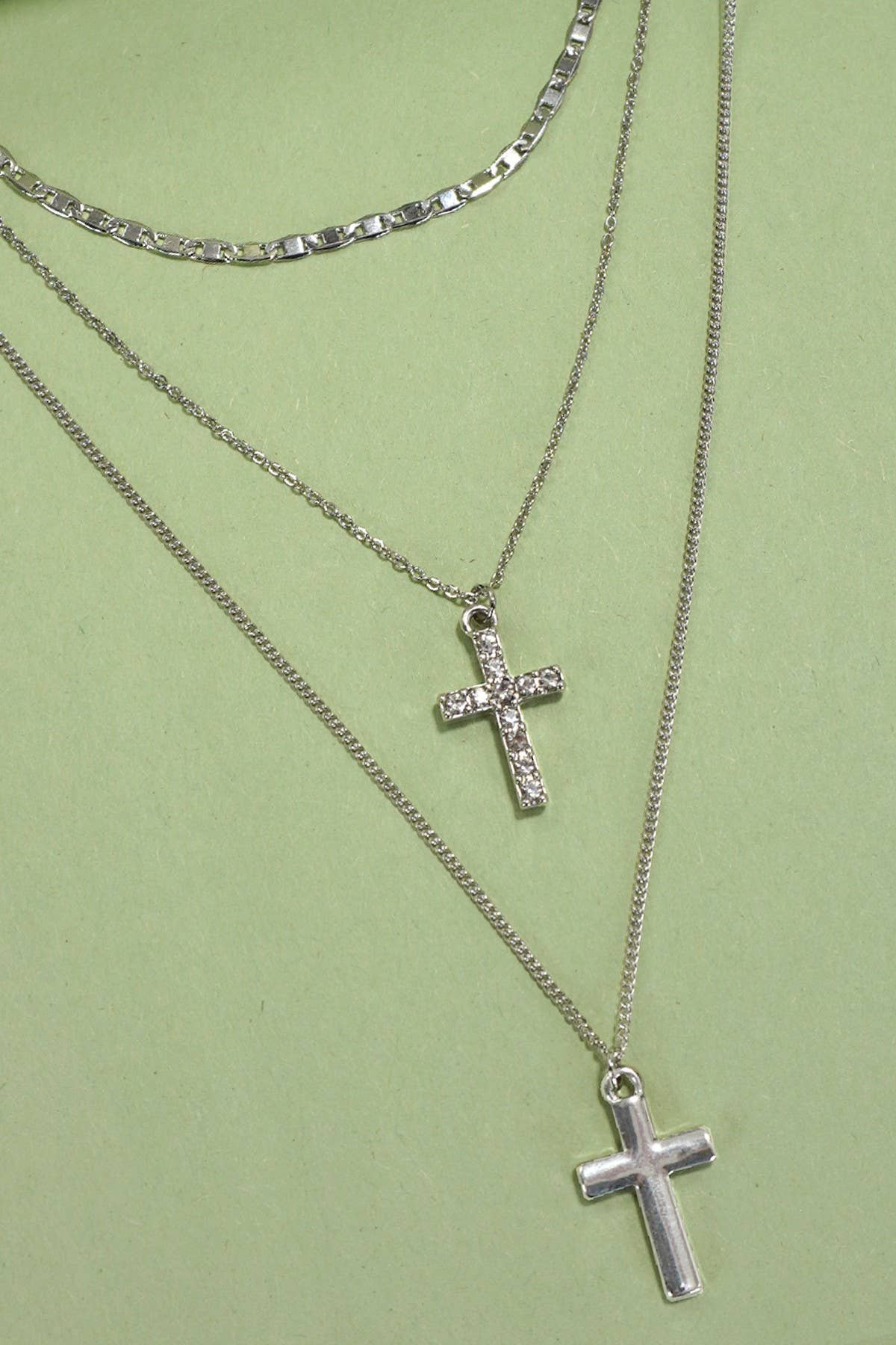 MULTI LAYER DOUBLE CROSS RHINESTONE NECKLACE: Silver