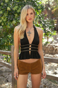 Western Split Front Studded Open Back Halter Top