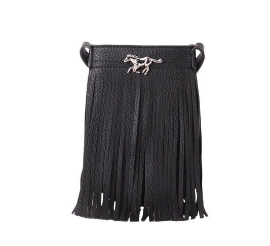 Vegan Leather Fringe with Horse bag- Black