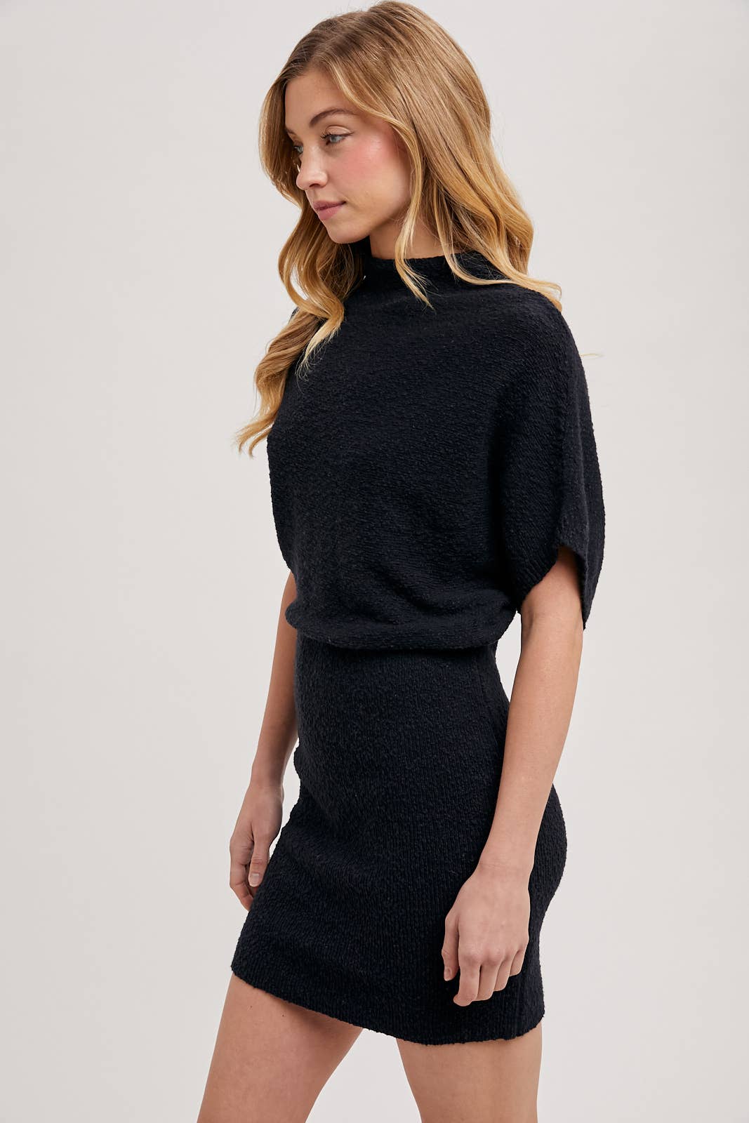 MOCK NECK DOLMAN SLEEVED KNIT SWEATER MINI DRESS