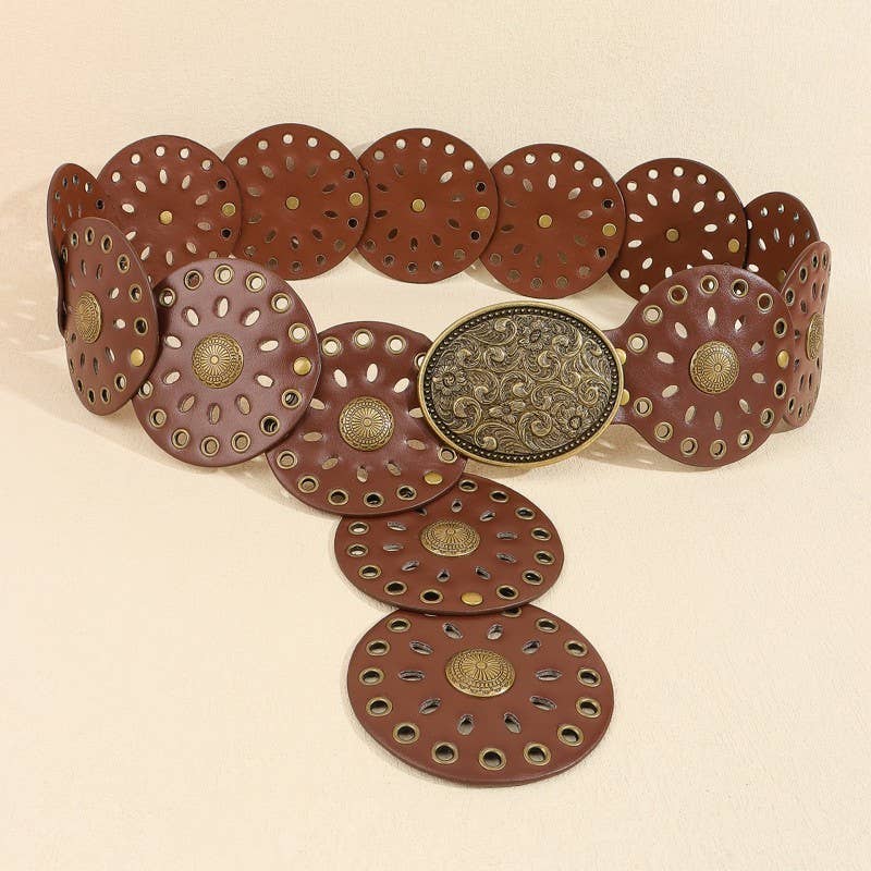 Brown Studded Oval Disc Snap Y Shape Belt