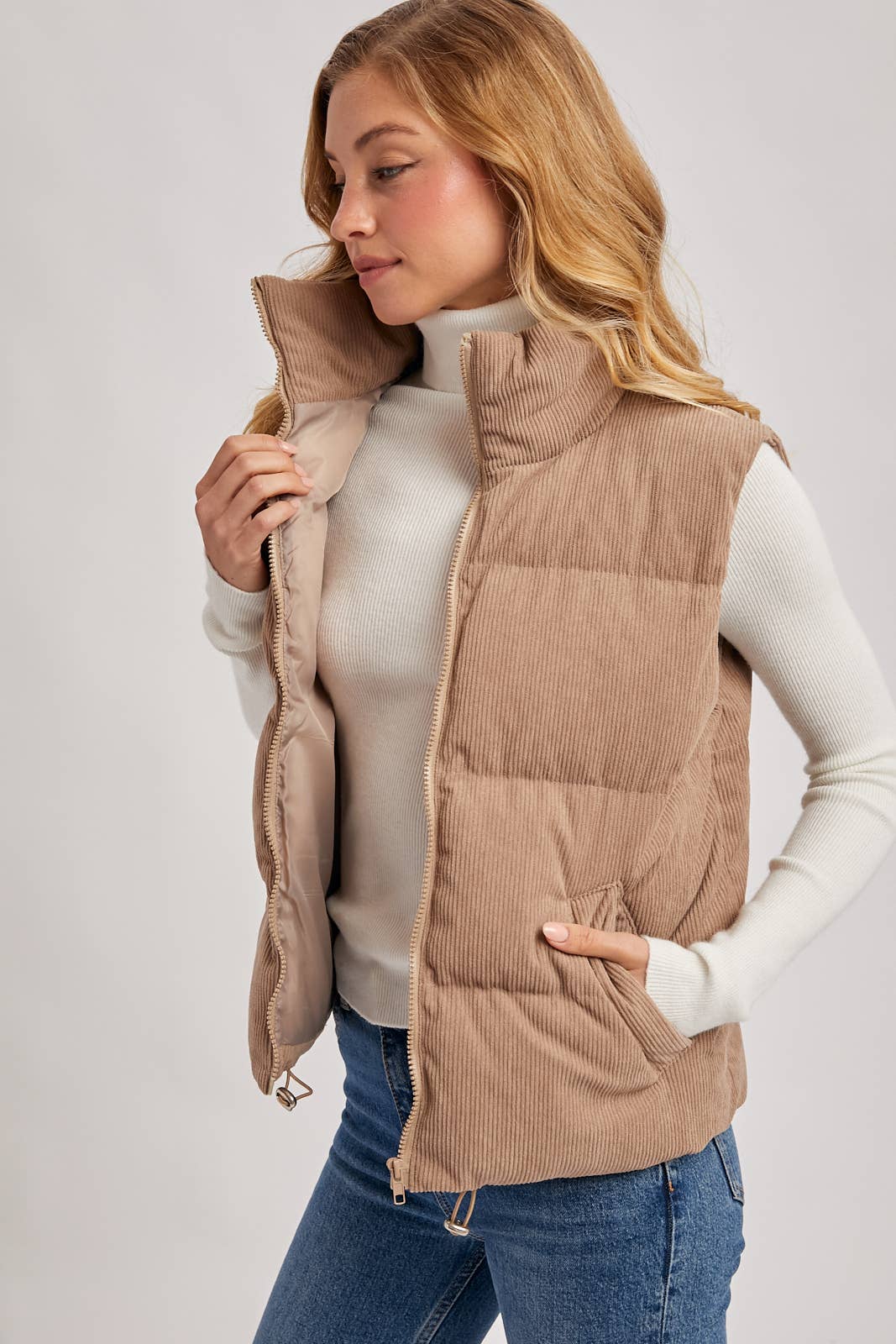 CORDUROY PUFFER VEST ZIPPER FRONT