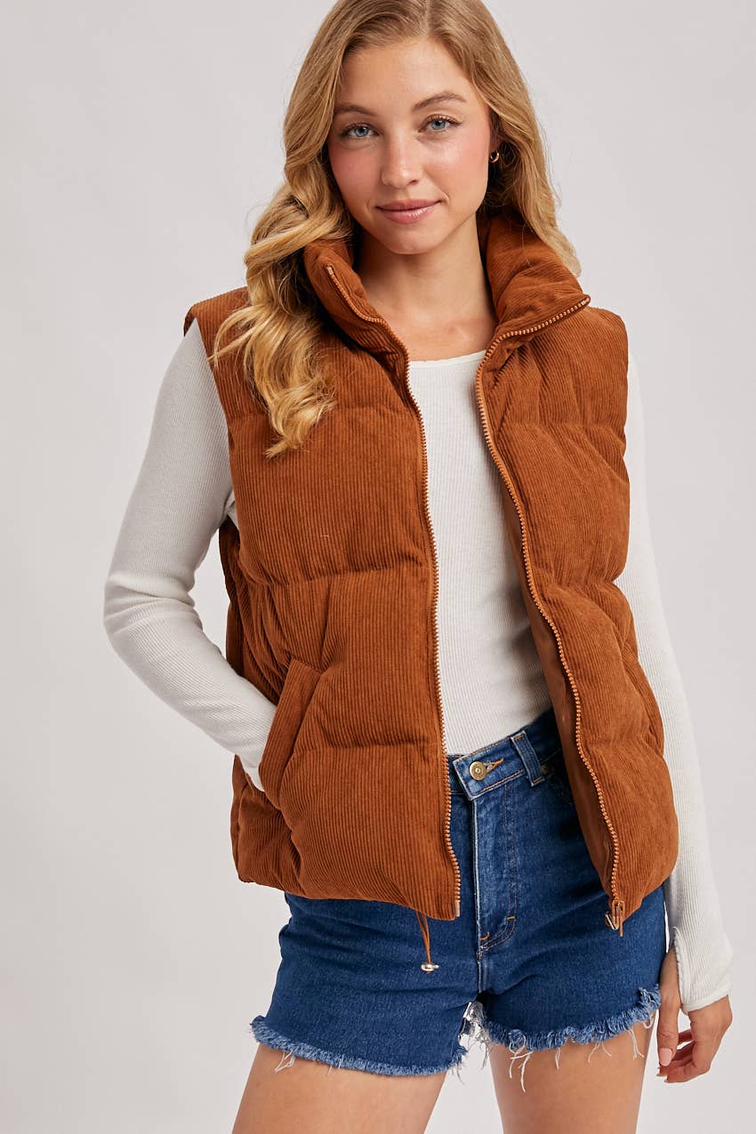 CORDUROY PUFFER VEST ZIPPER FRONT