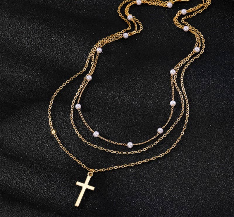 TRIPLE LAYER CROSS NECKLACE