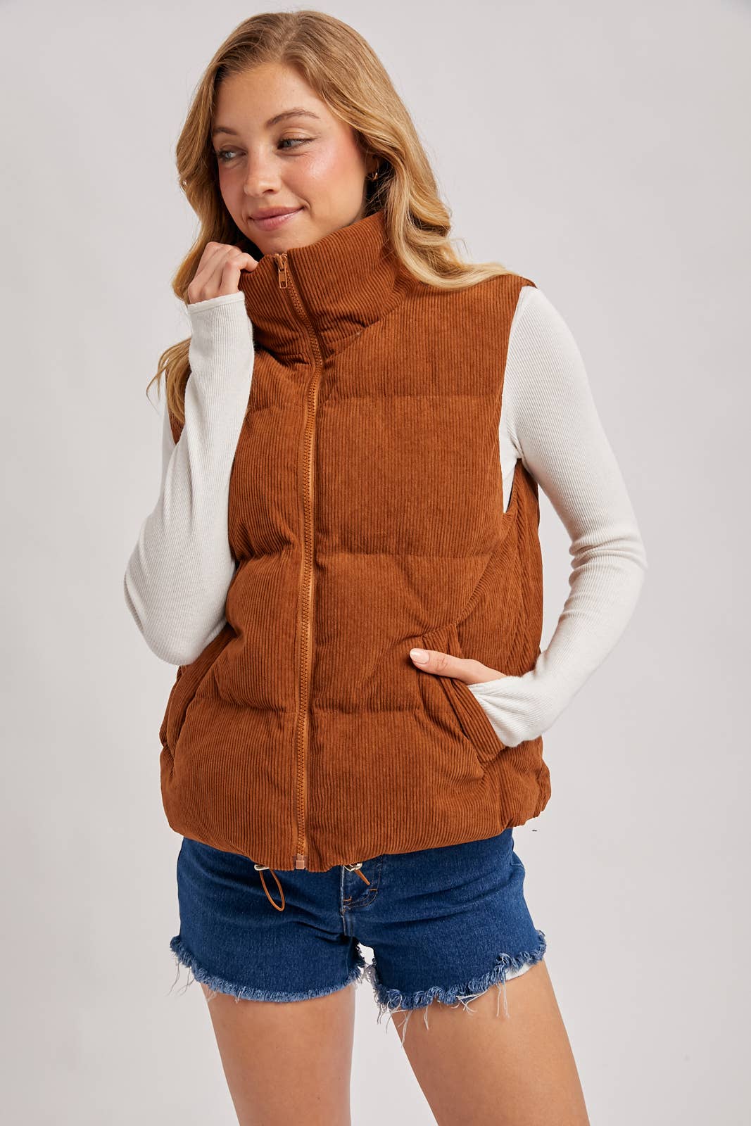 CORDUROY PUFFER VEST ZIPPER FRONT