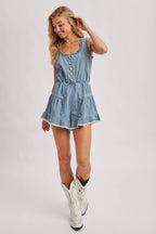 BUTTON FRONT SCOOP NECK RUFFLED DENIM ROMPER