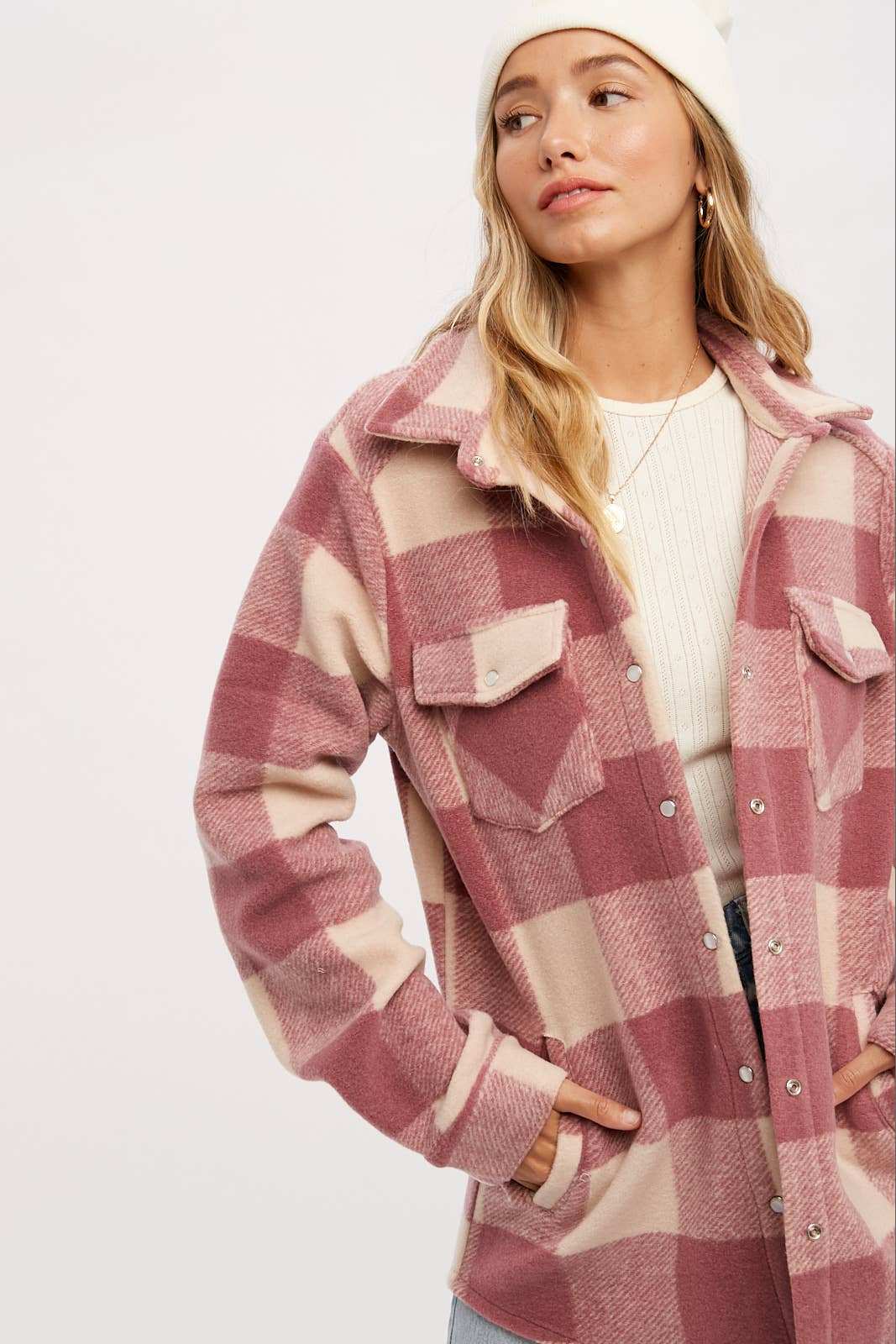 CHECKERED BRUSHED FLANNEL SHACKET- Mauve