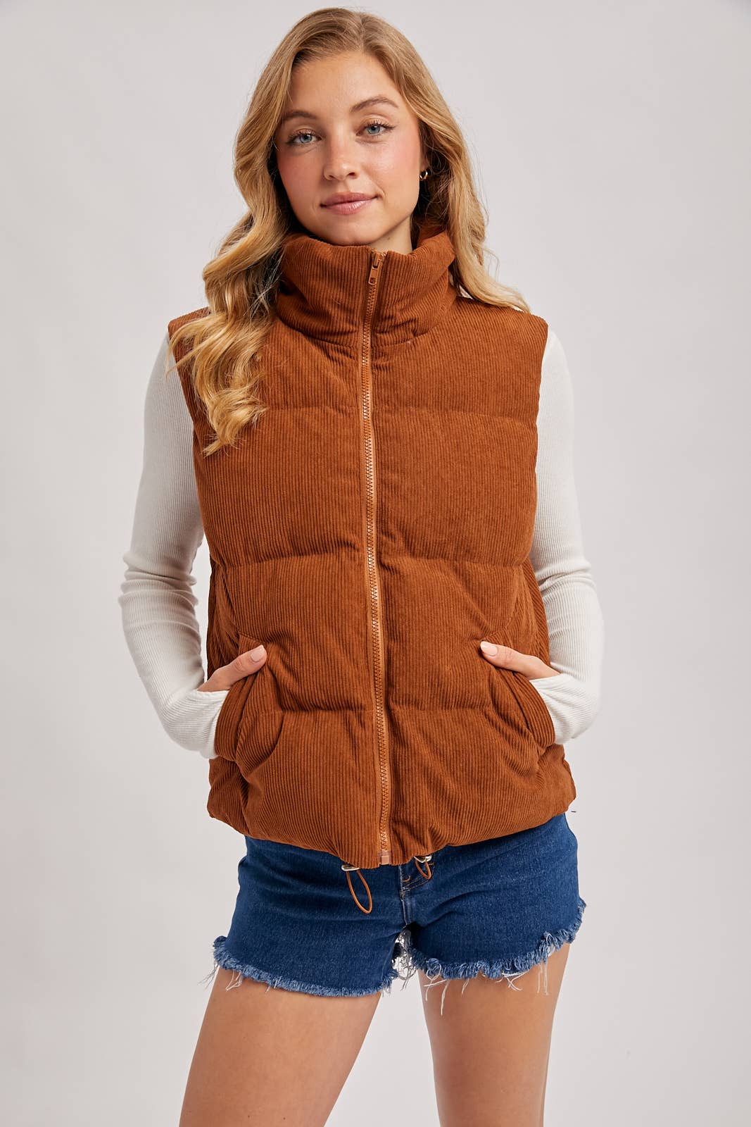 CORDUROY PUFFER VEST ZIPPER FRONT