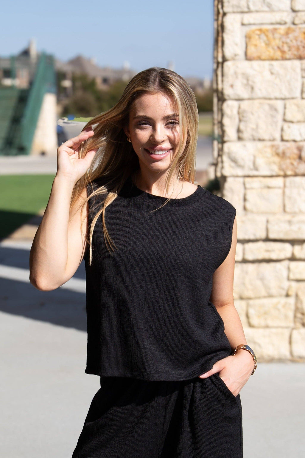 Black Textured Knit Tank Top