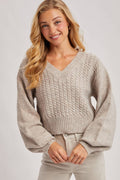 CROPPED V-NECK CABLE KNIT SWEATER