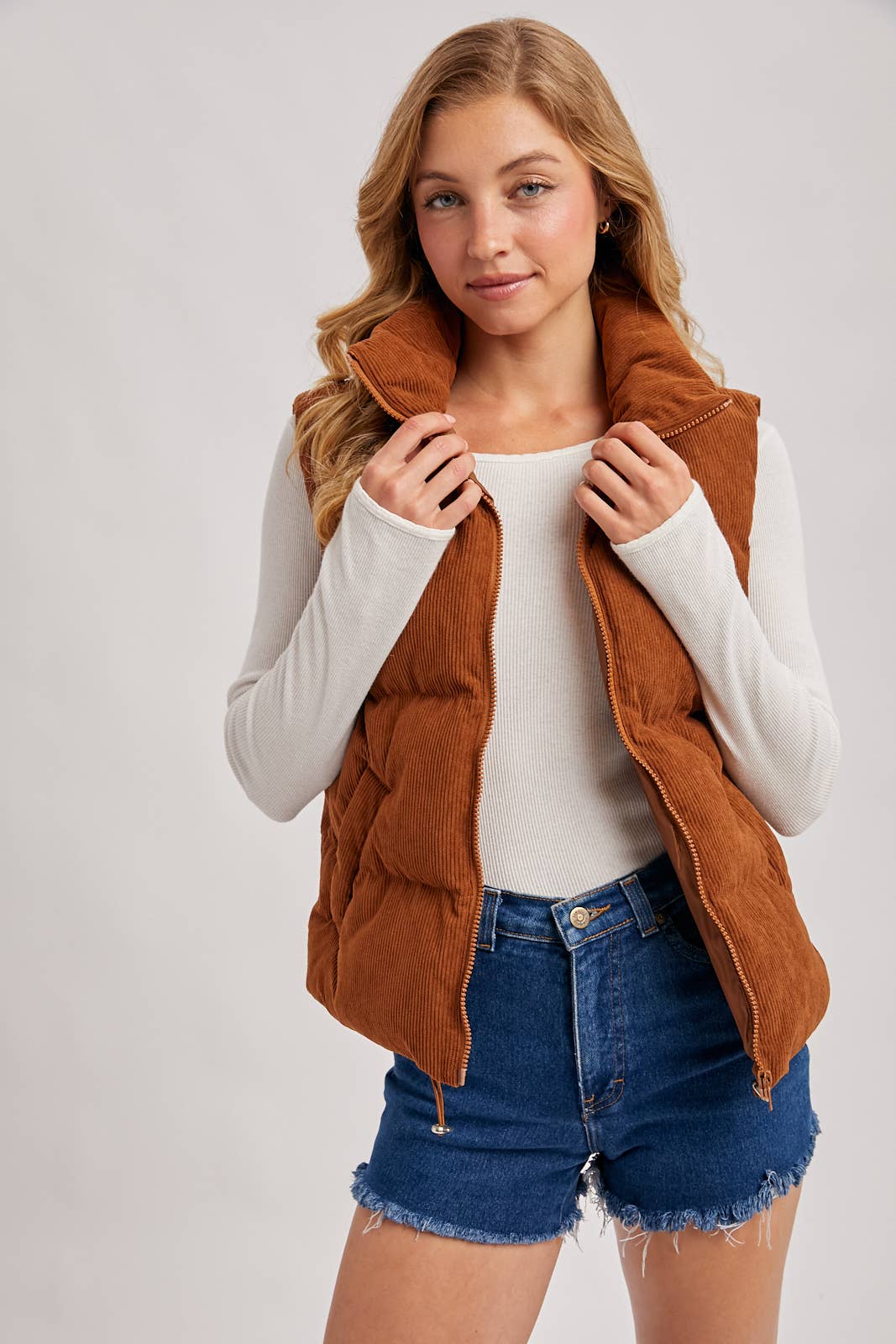 CORDUROY PUFFER VEST ZIPPER FRONT