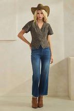 Leopard short sleeve denim top