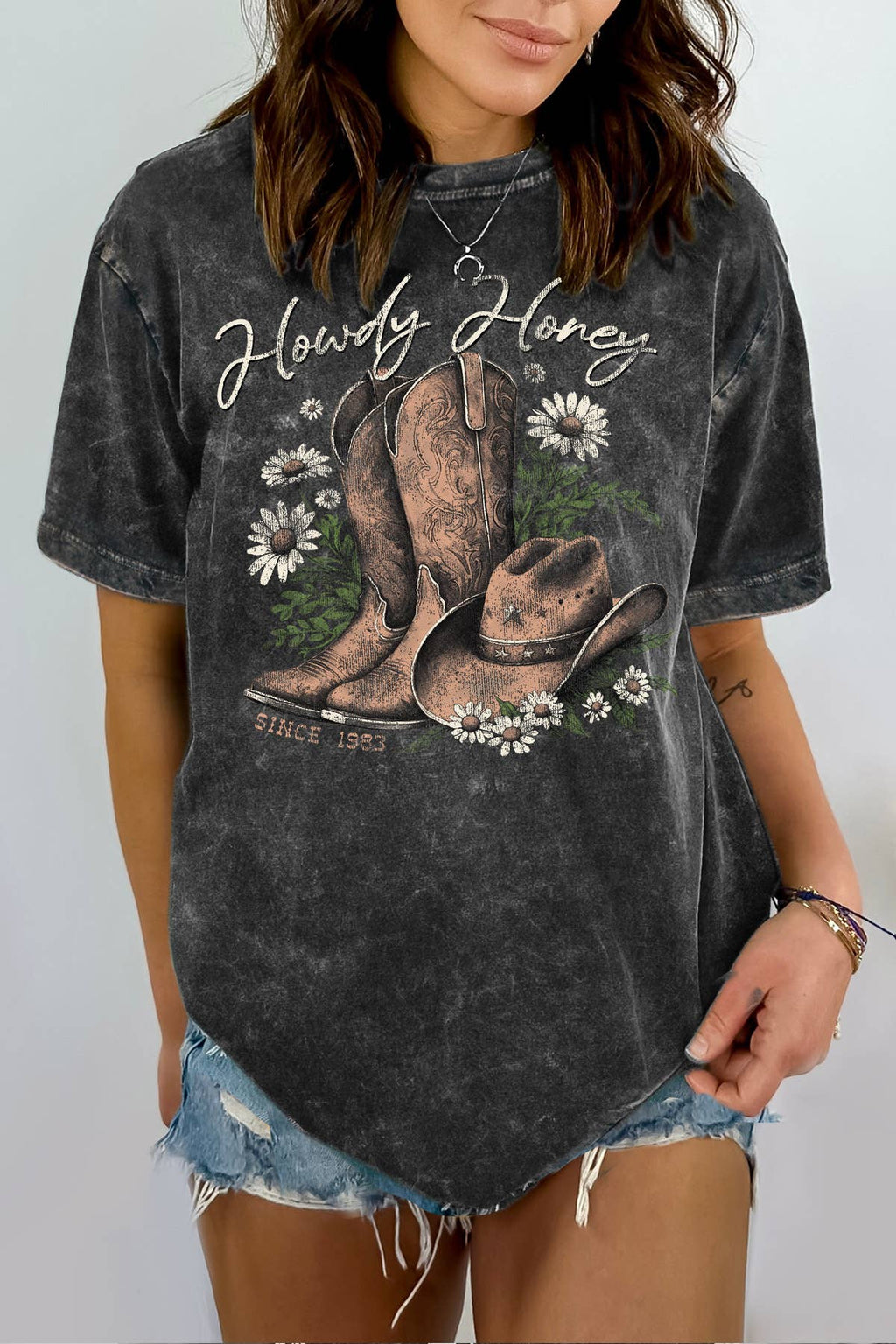 Women Cowboy Graphic Print Mineral Wash Top