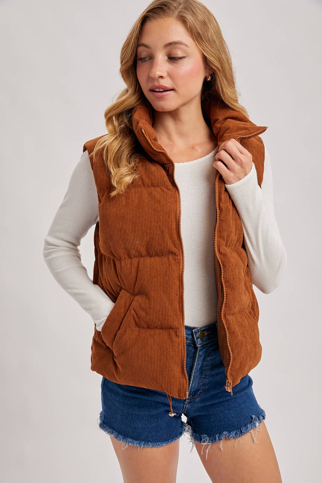 CORDUROY PUFFER VEST ZIPPER FRONT