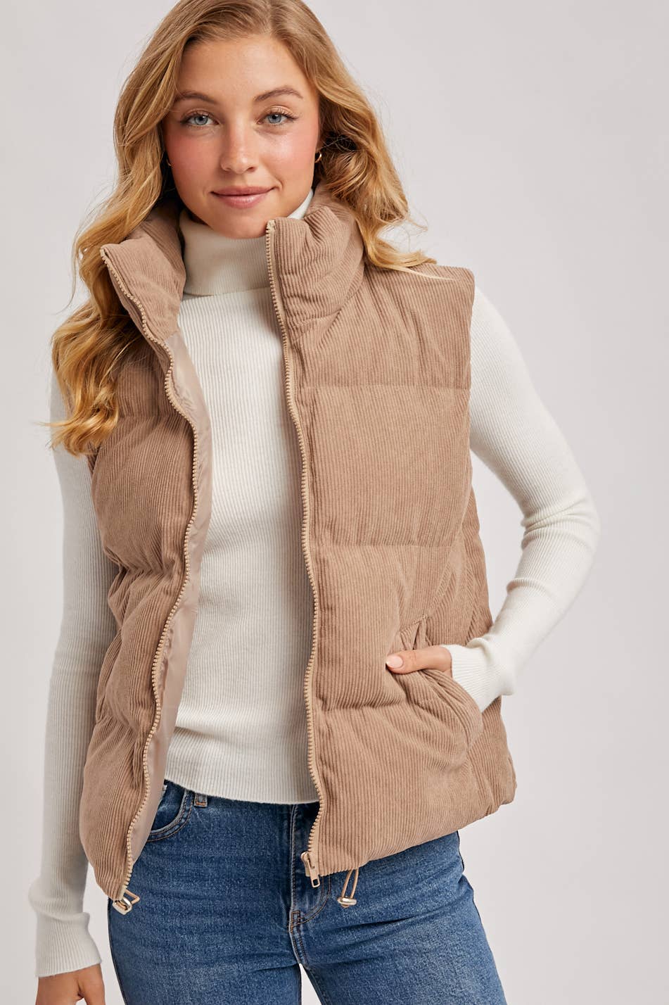 CORDUROY PUFFER VEST ZIPPER FRONT