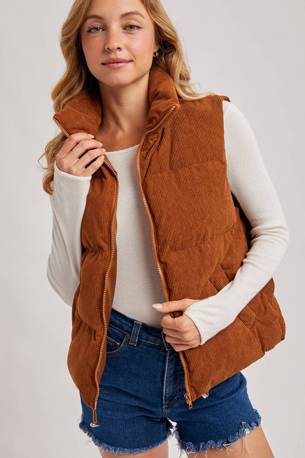CORDUROY PUFFER VEST ZIPPER FRONT
