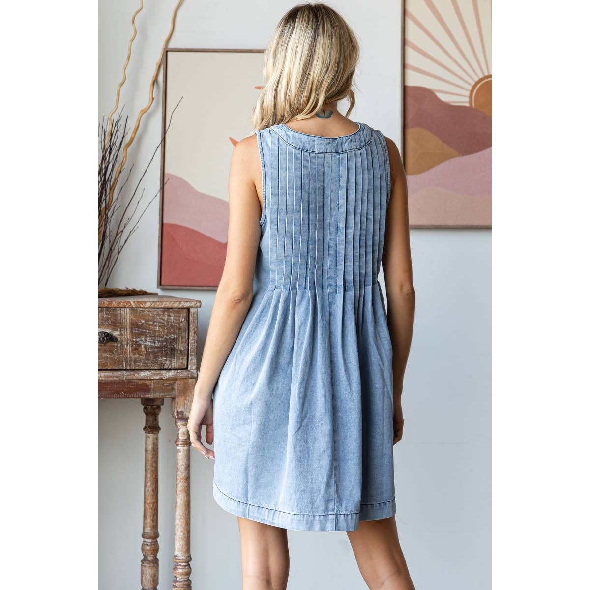 V-neck Puff Sleeve Denim Short Dress: Light Wash / S